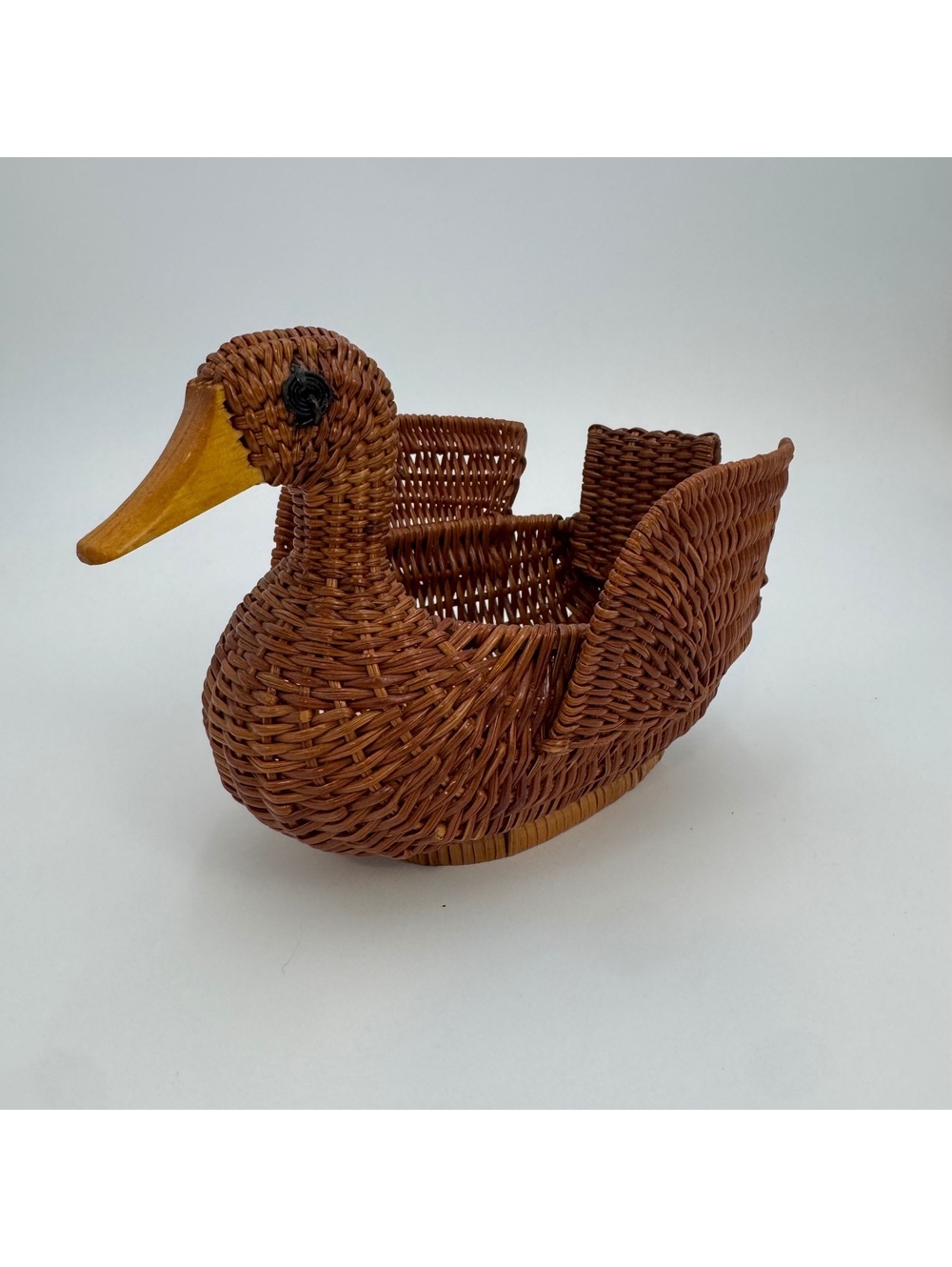 Vintage Woven Wicker Duck Basket Plant Holder Carved Wood Folk Art Cottage Decor